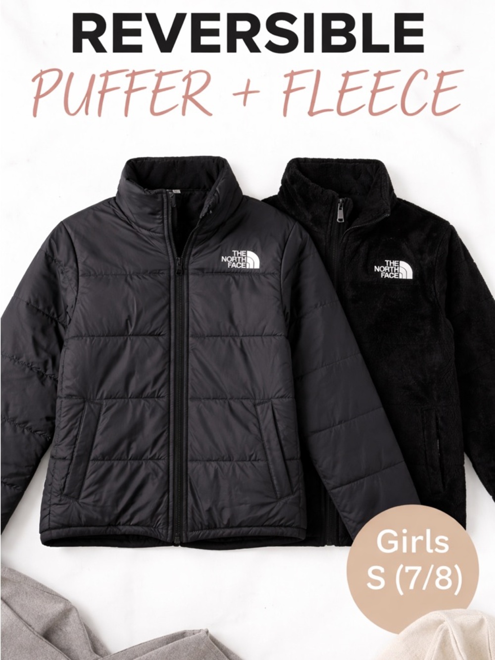 The North Face Reversible Puffer & Fleece Jacket - Black - Girls 7/8